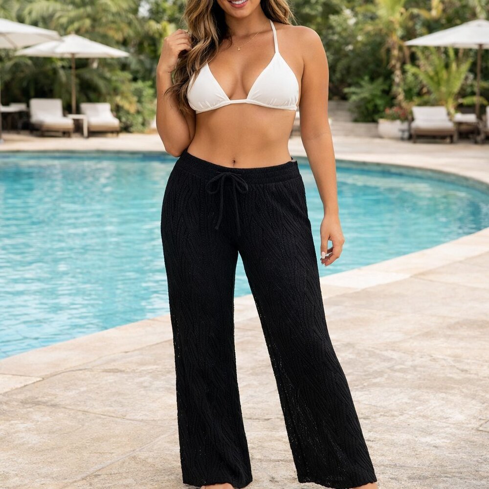 Unbranded Crochet Black Sweater Knit Flare Swim Cover Pants XL Beach Resort